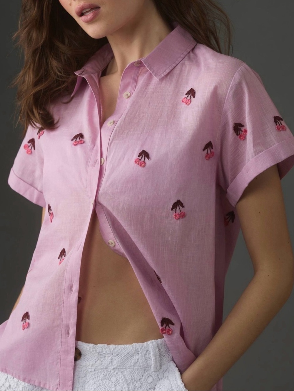 Maeve Anthropologie Fruit Short Sleeve Button Down Cherry Pink
